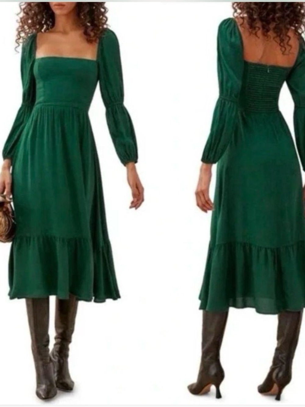 Reformation Emerald Green Square-Neck MICA Midi Dress with Long Sleeves, size 6